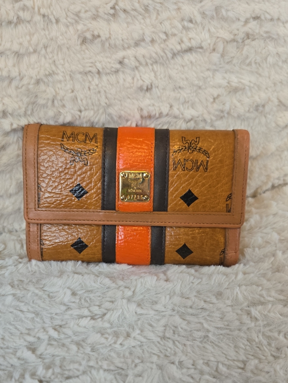 MCM Cognac Leather Trifold Wallet with Orange Accent EUC